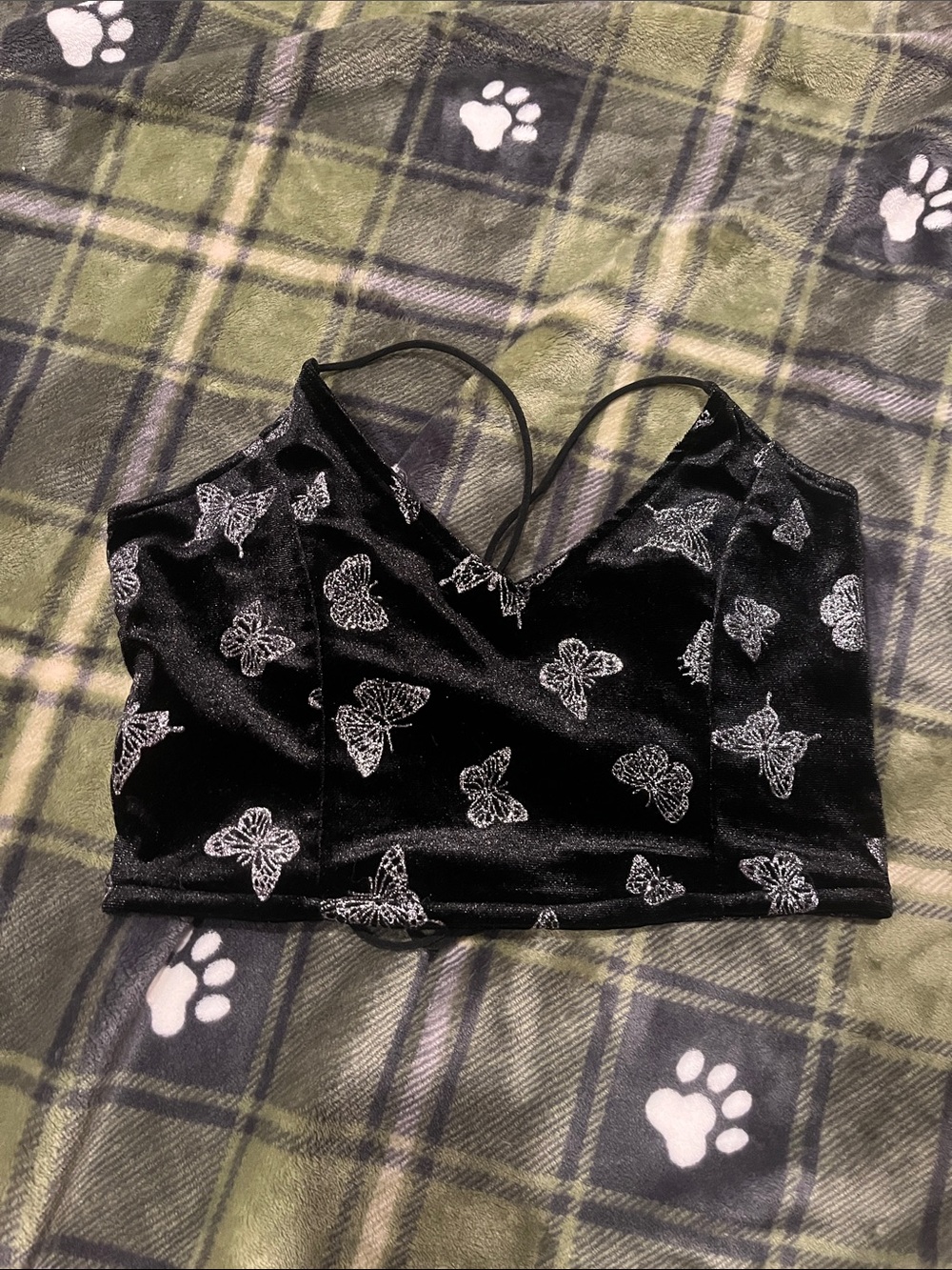 ROMWE Black Velvet Crop Top with Silver Butterfly Embroidery